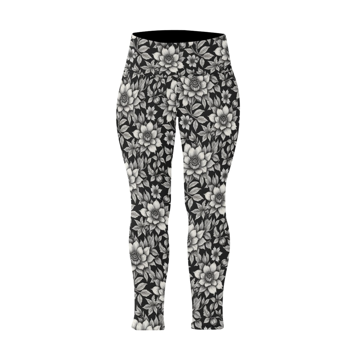 Black and White Bloom Women's Plus Size High Waited Leggings Women's High Waist Leggings(Plus Size)(ModelL45) DeRose Seasonal