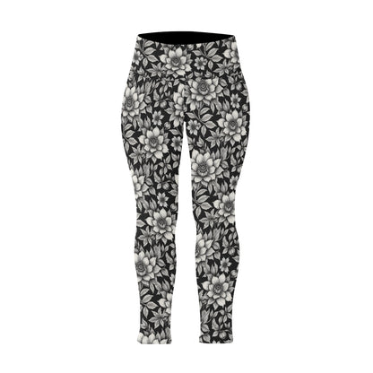 Black and White Bloom Women's Plus Size High Waited Leggings Women's High Waist Leggings(Plus Size)(ModelL45) DeRose Seasonal