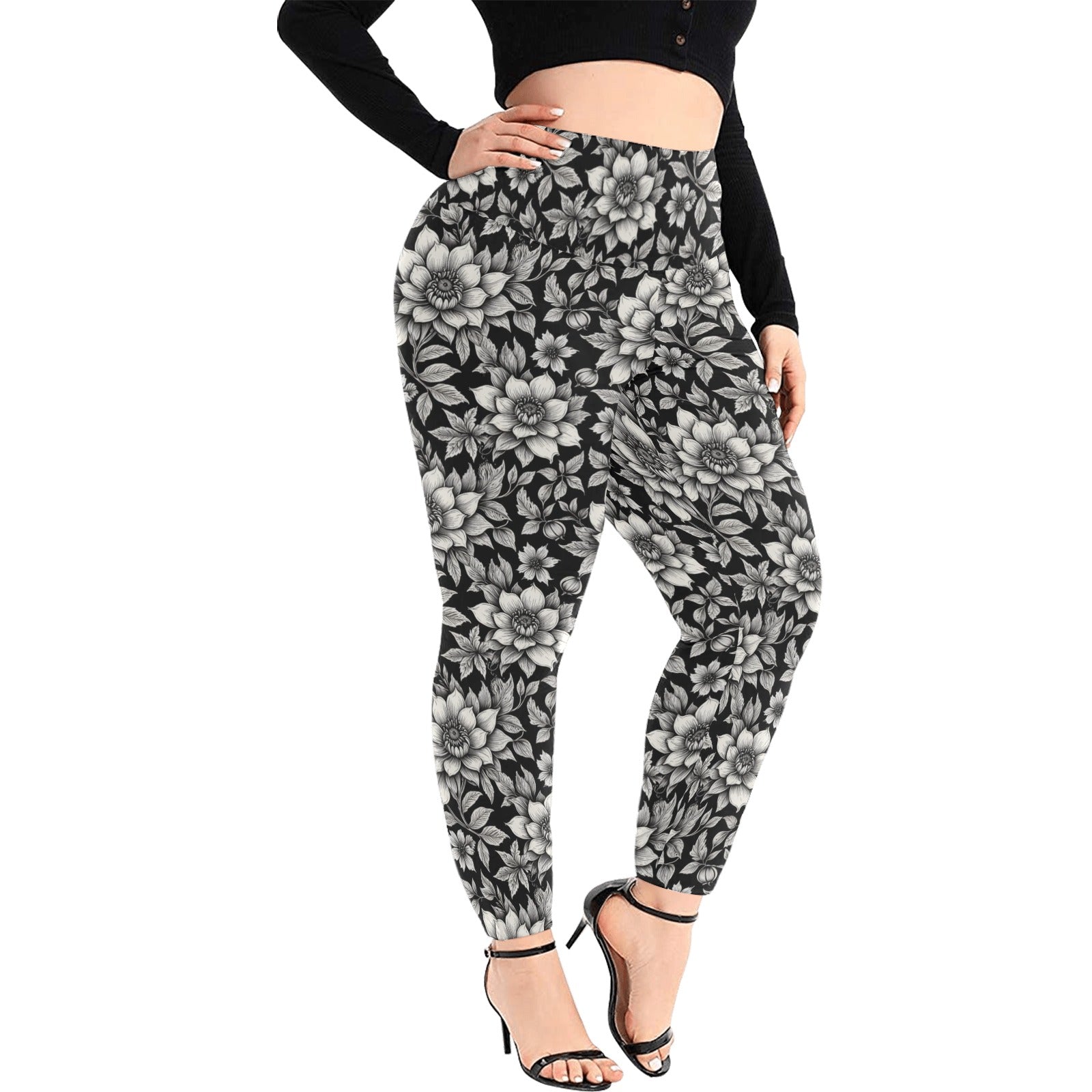 Black and White Bloom Women's Plus Size High Waited Leggings Women's High Waist Leggings(Plus Size)(ModelL45) DeRose Seasonal