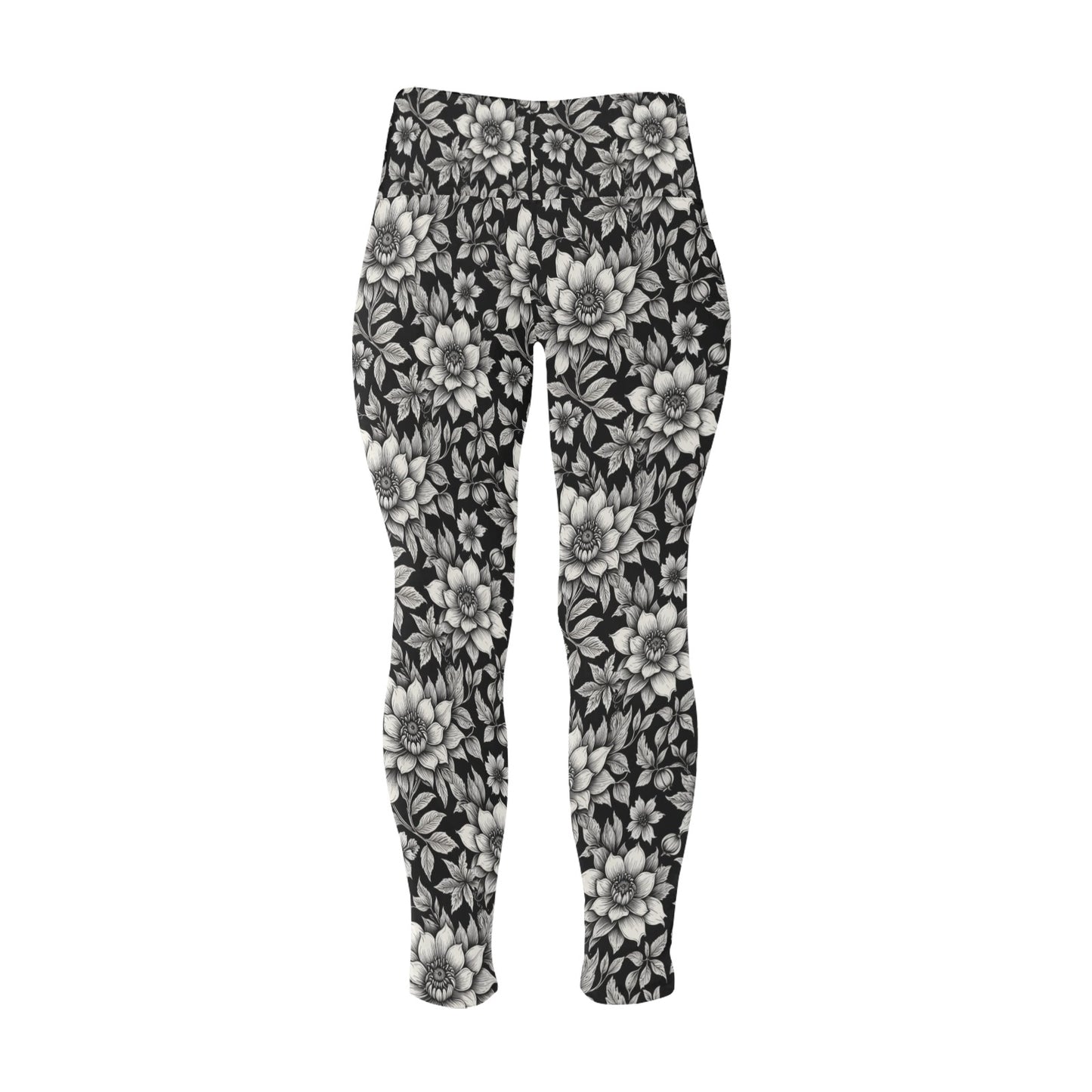 Black and White Bloom Women's Plus Size High Waited Leggings Women's High Waist Leggings(Plus Size)(ModelL45) DeRose Seasonal