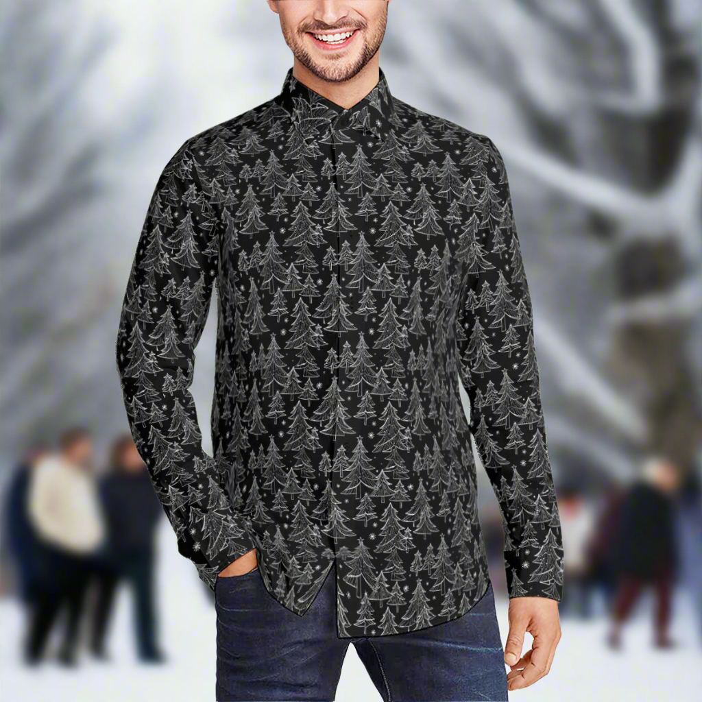 Black and White Christmas Tree Men's Classic Long-Sleeved Button up Polyester Dress Shirt DeRose Seasonal