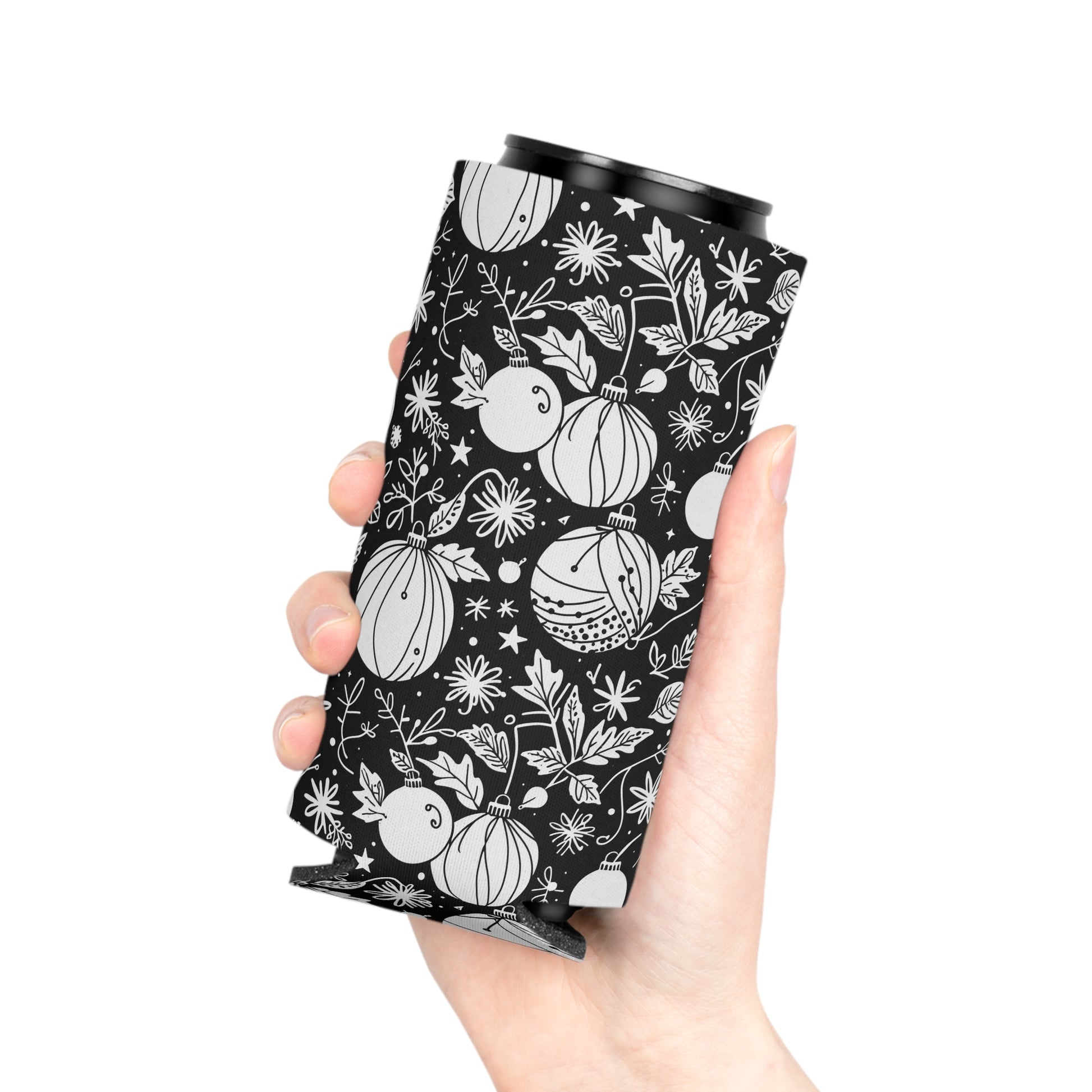 Black and White Festive Ornaments Can Cooler 50% Off DeRose Seasonal