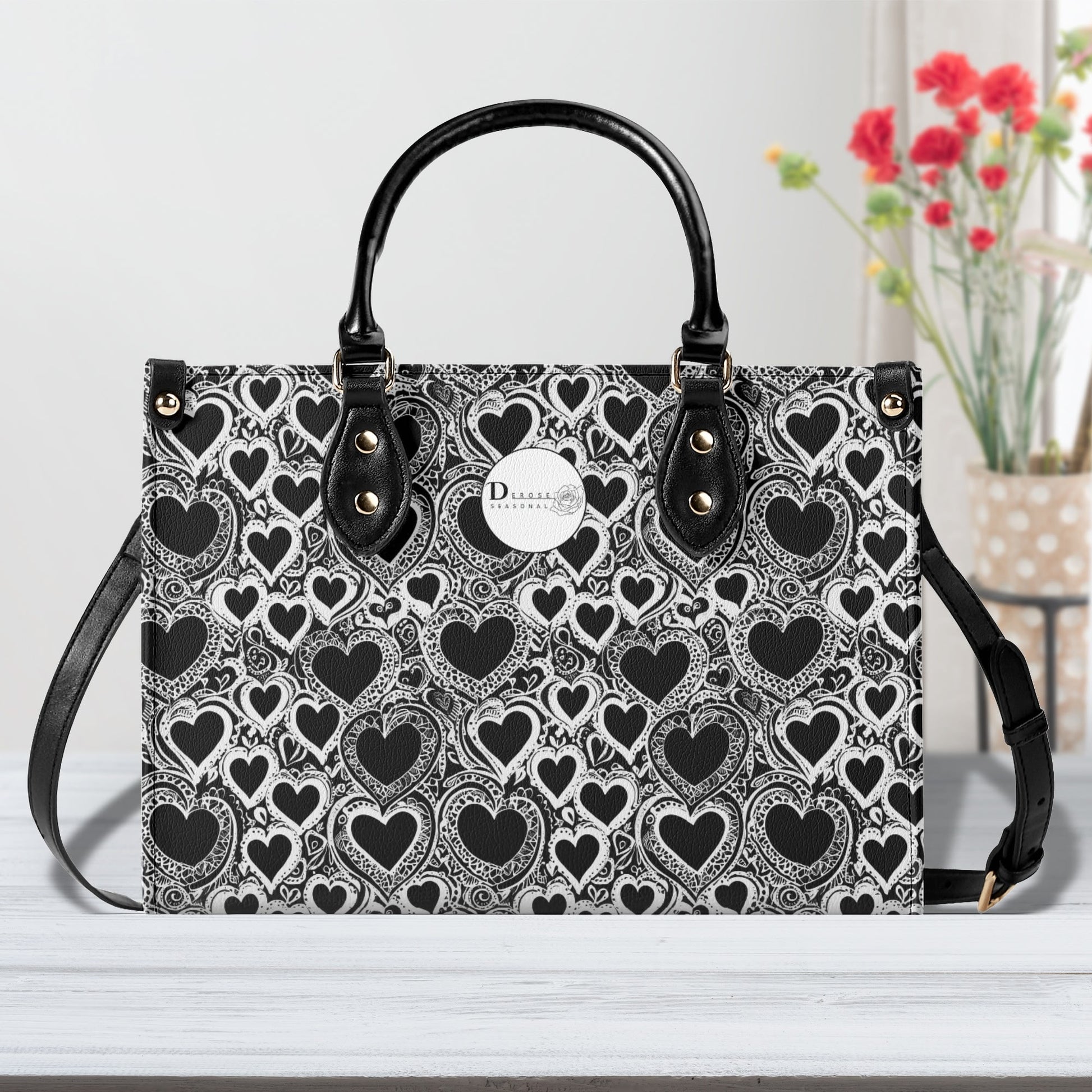 Black and White Groovy Hearts Luxury Women Leather Handbag (3 sizes) DeRose Seasonal