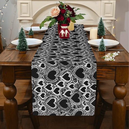 Black and White Groovy Hearts Polyester Table Runner DeRose Seasonal