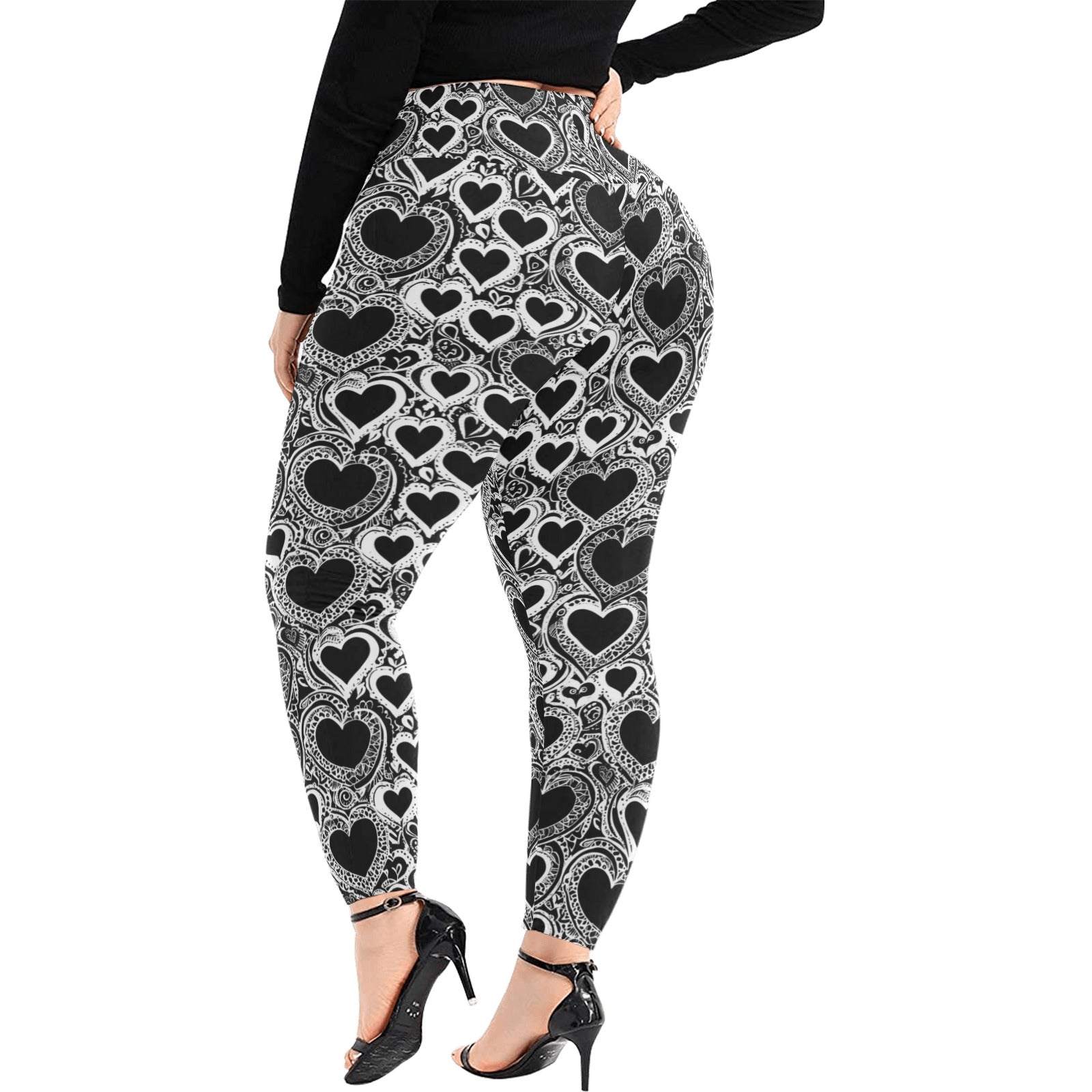 Black and White Groovy Hearts Women's Plus Size High Waited Leggings Women's High Waist Leggings(Plus Size)(ModelL45) DeRose Seasonal