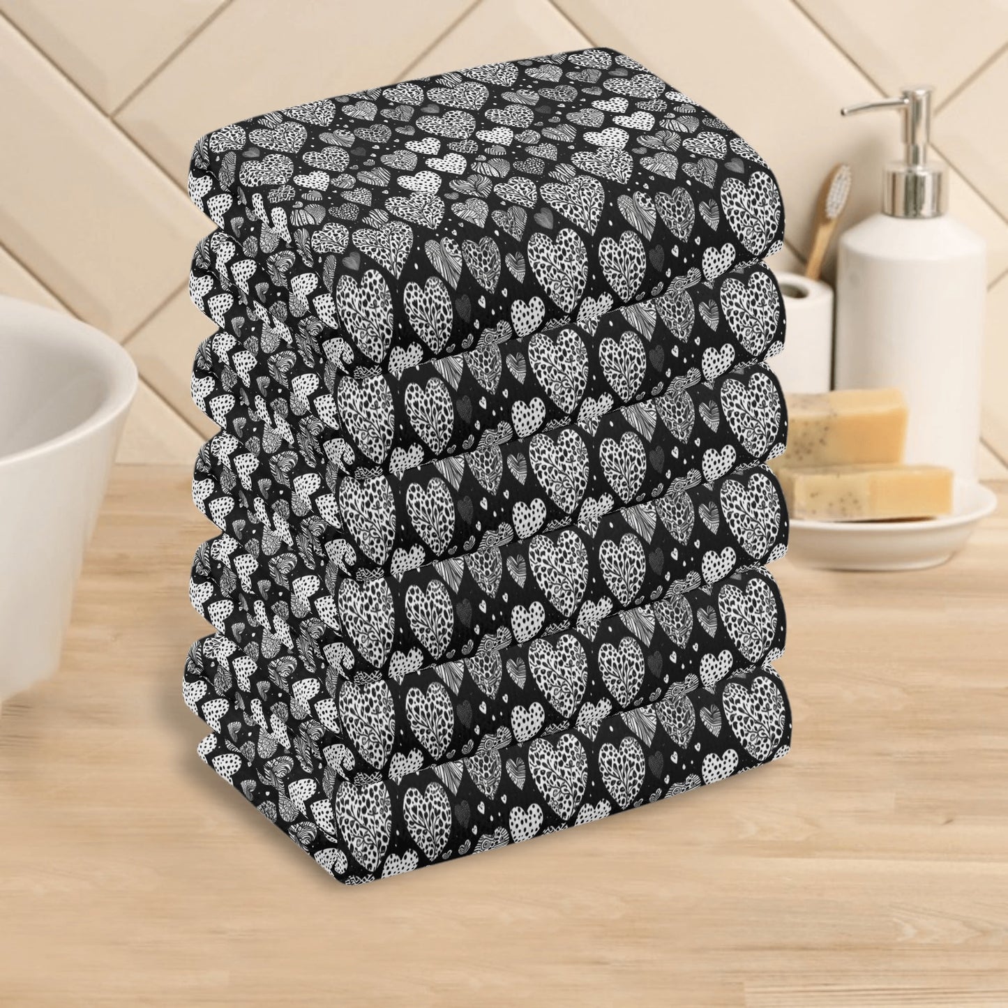 Black and White Hearts Hand Towels (6 Pcs) DeRose Seasonal