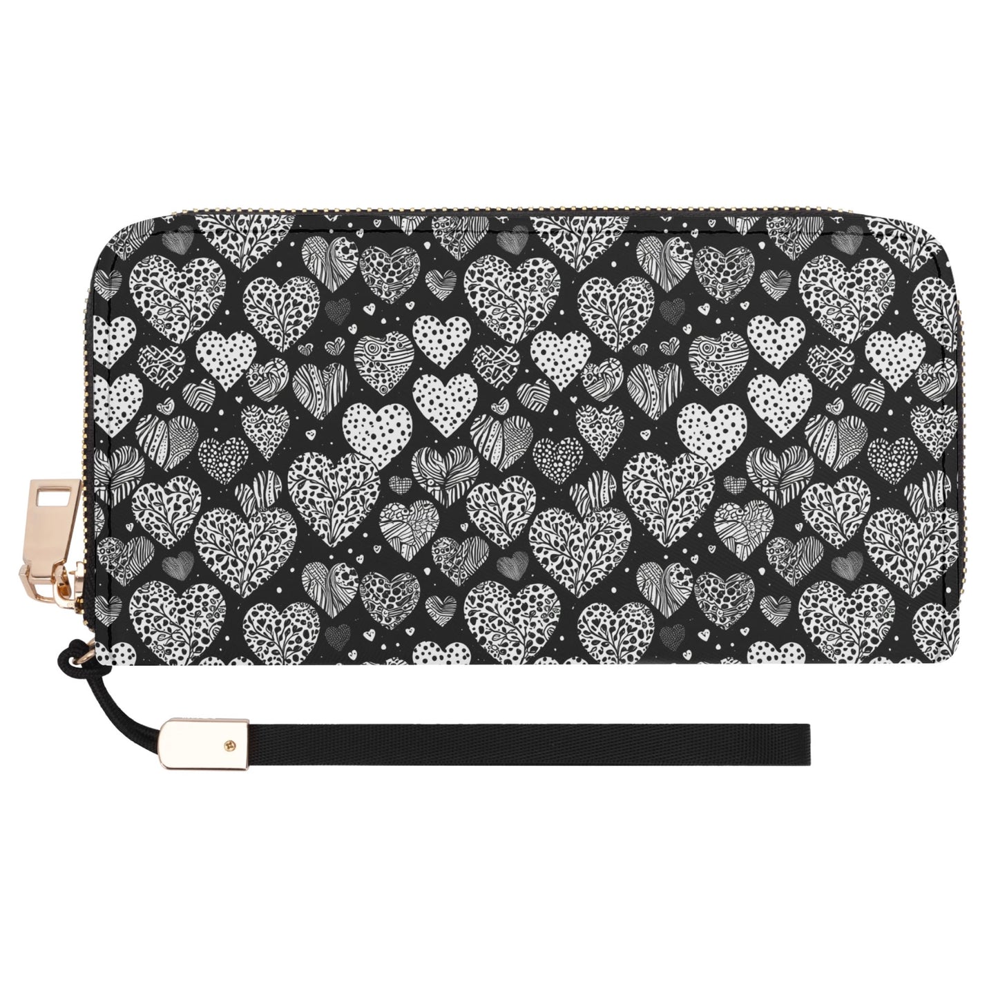 Black and White Hearts Leather Zipper Wristlet Wallet DeRose Seasonal