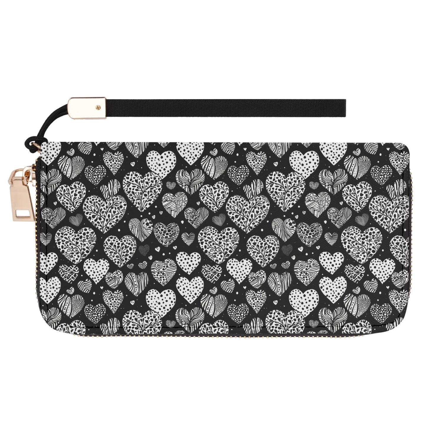 Black and White Hearts Leather Zipper Wristlet Wallet DeRose Seasonal