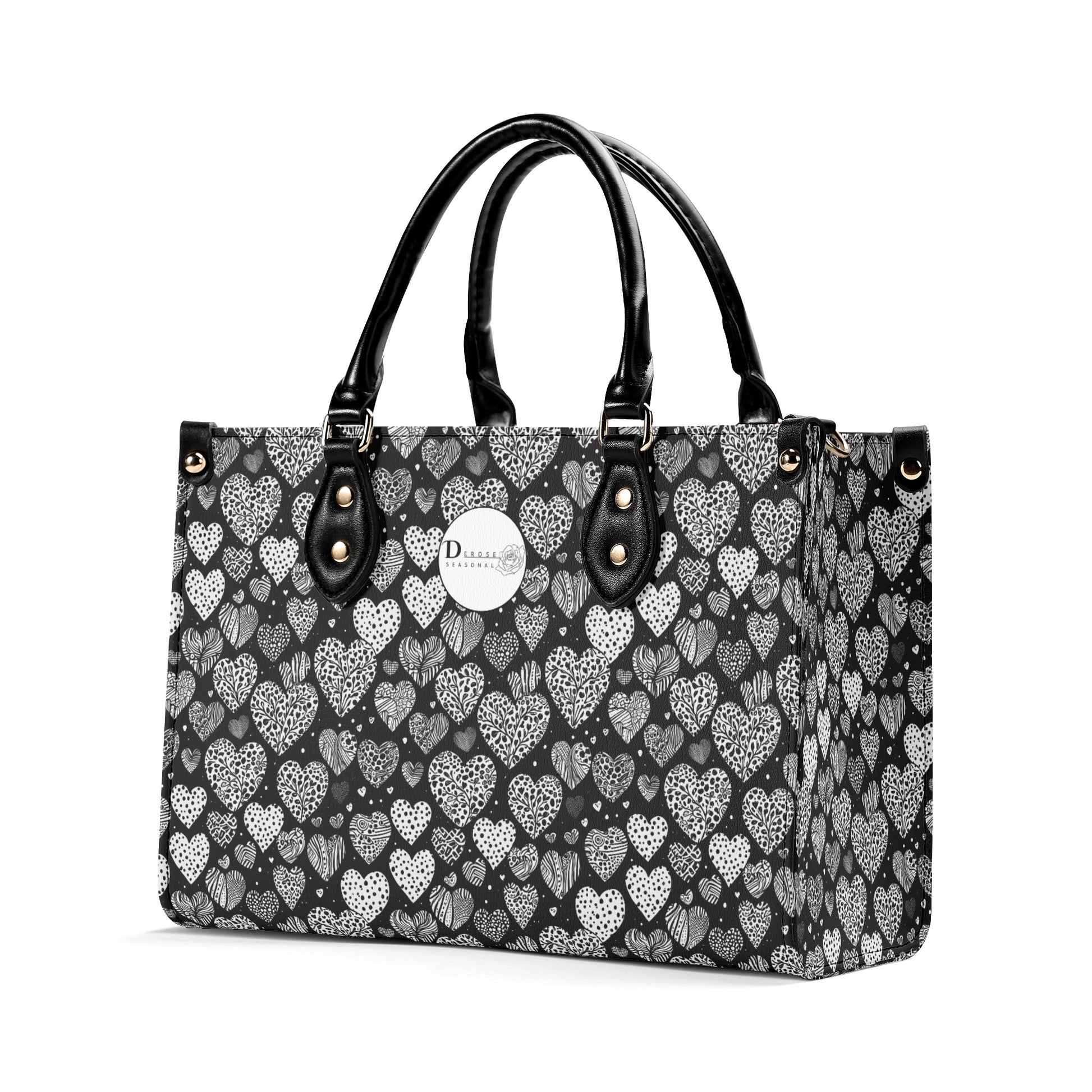 Black and White Hearts Luxury Women Leather Handbag (3 sizes) DeRose Seasonal