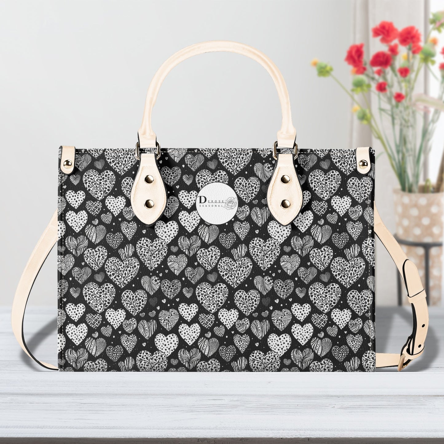 Black and White Hearts Luxury Women Leather Handbag (3 sizes) DeRose Seasonal