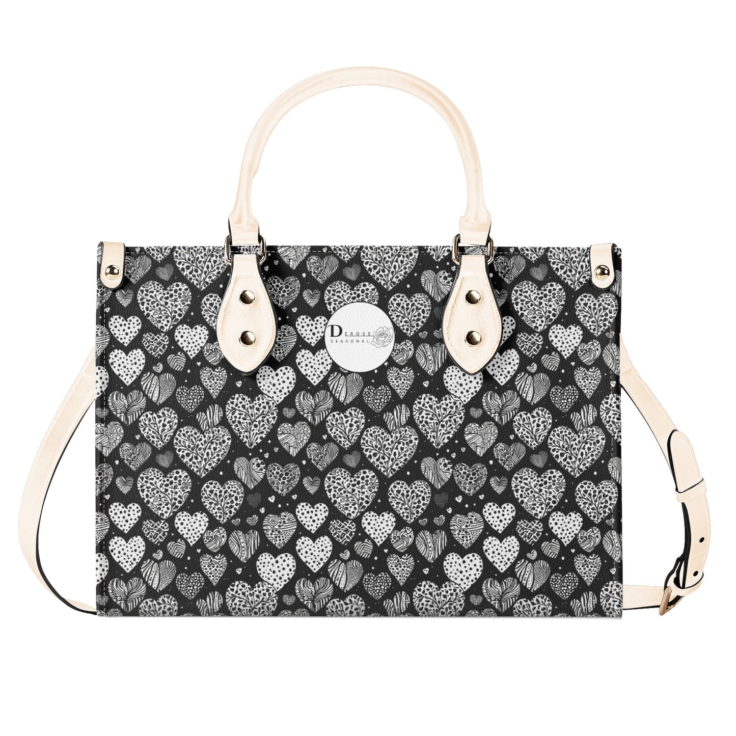 Black and White Hearts Luxury Women Leather Handbag (3 sizes) DeRose Seasonal