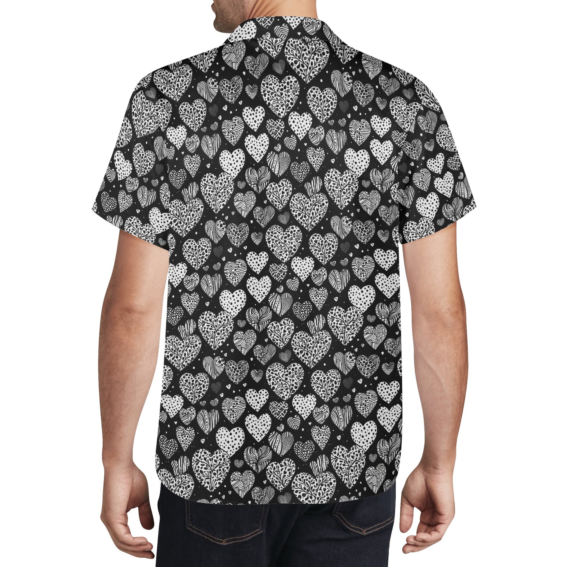 Black and White Hearts Mens Casual Hawaiian Shirt DeRose Seasonal