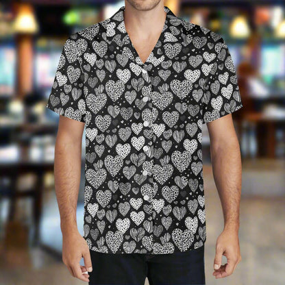 Black and White Hearts Mens Casual Hawaiian Shirt DeRose Seasonal