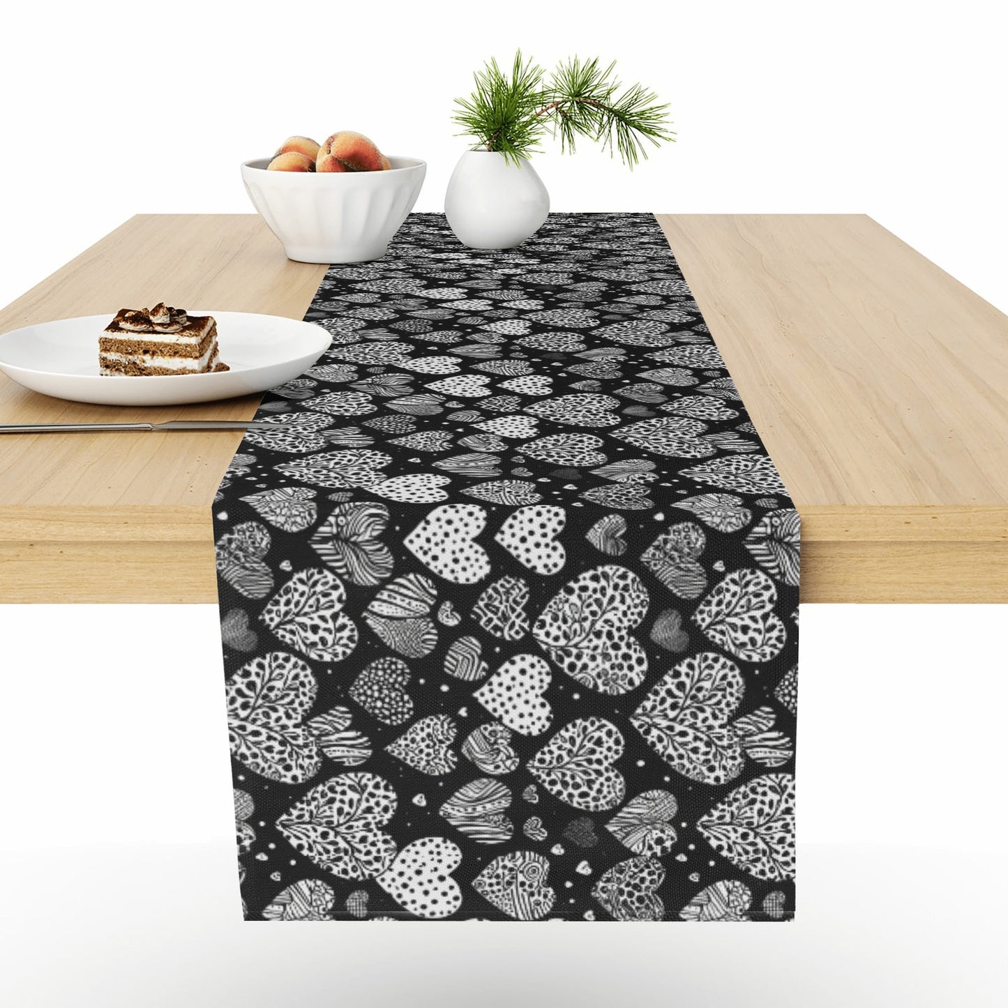 Black and White Hearts Polyester Table Runner DeRose Seasonal