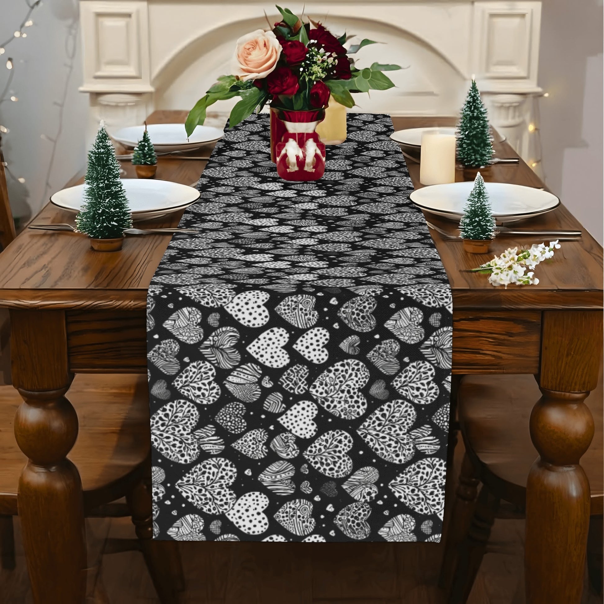 Black and White Hearts Polyester Table Runner DeRose Seasonal