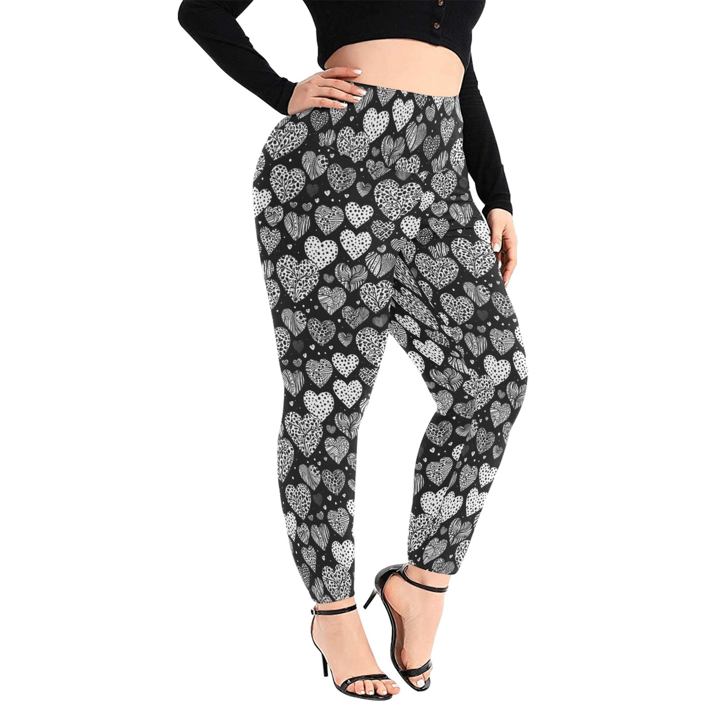 Black and White Hearts Women's Plus Size High Waited Leggings Women's High Waist Leggings(Plus Size)(ModelL45) DeRose Seasonal