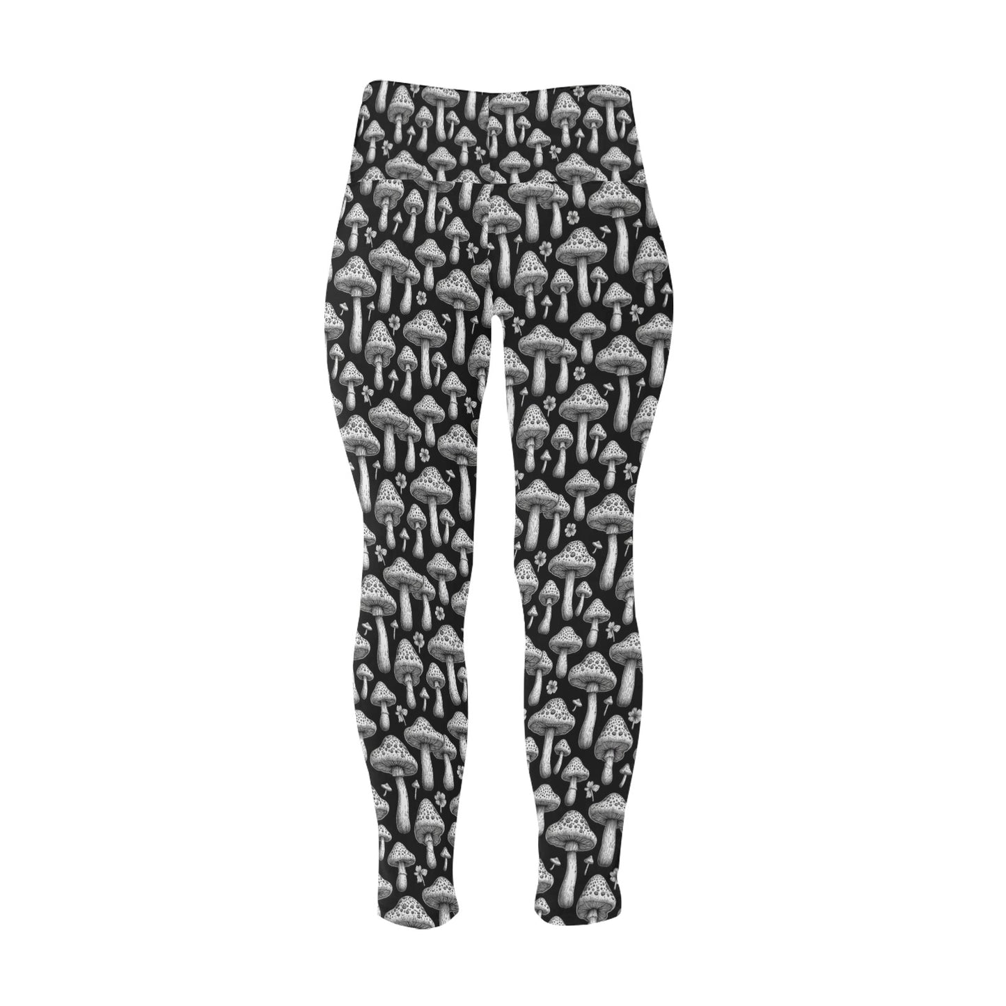 Black and White Mushrooms Women's Plus Size High Waited Leggings Women's High Waist Leggings(Plus Size)(ModelL45) DeRose Seasonal