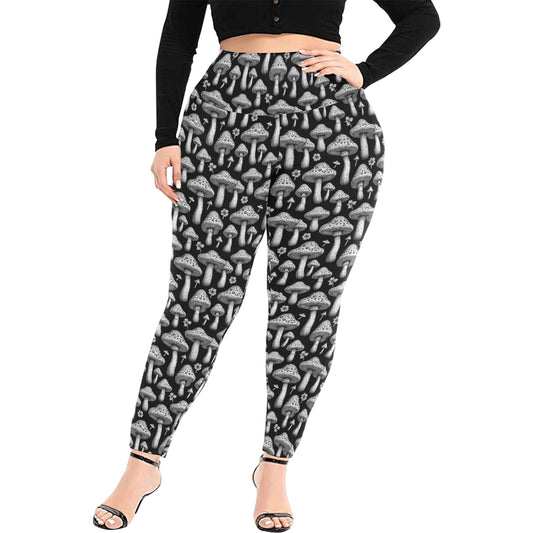 Black and White Mushrooms Women's Plus Size High Waited Leggings Women's High Waist Leggings(Plus Size)(ModelL45) DeRose Seasonal