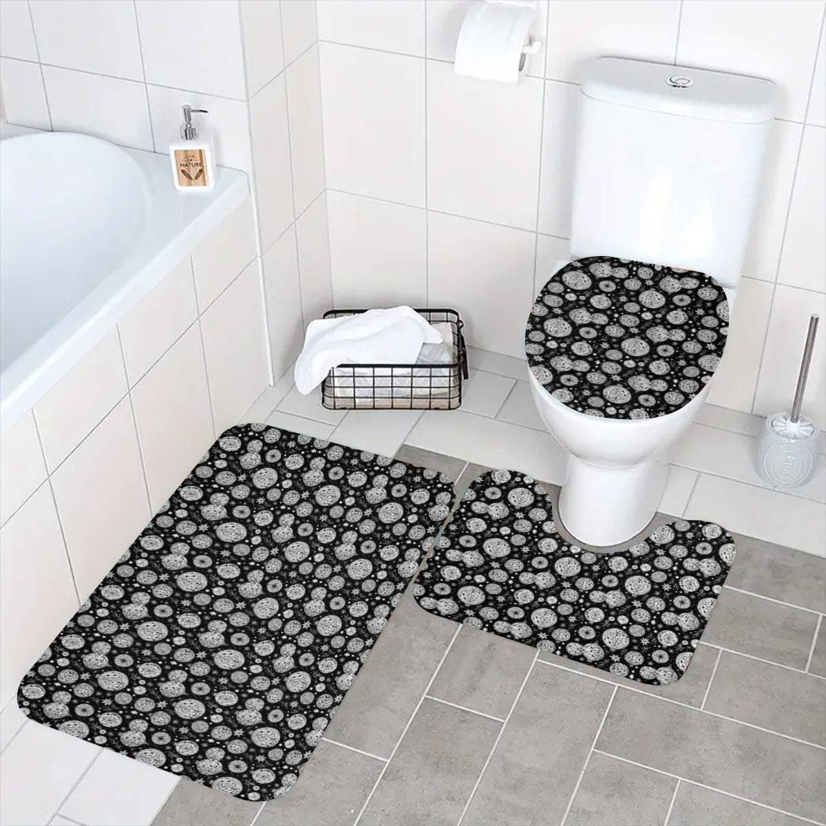 Black and White Ornament Bathroom Four-Piece Set(Shower Curtain + Toilet Cover Mat + Toilet Foot Mat + Floor Mat)| Polyester DeRose Seasonal