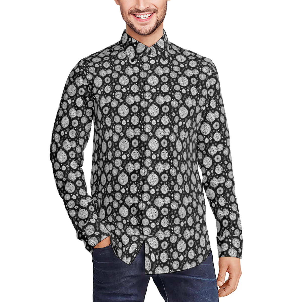 Black and White Ornament Men's Classic Long-Sleeved Button up Polyester Dress Shirt DeRose Seasonal