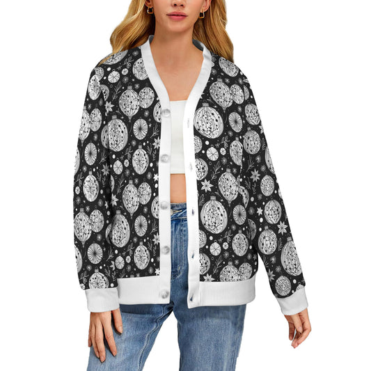 Black and White Ornament Women's Cardigan Button Sweater Custom Women's Cardigan (Model H73) DeRose Seasonal