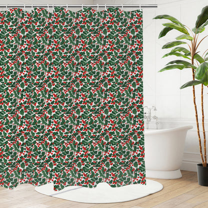 Christmas Holly Bathroom Four-Piece Set(Shower Curtain + Toilet Cover Mat + Toilet Foot Mat + Floor Mat)| Polyester DeRose Seasonal