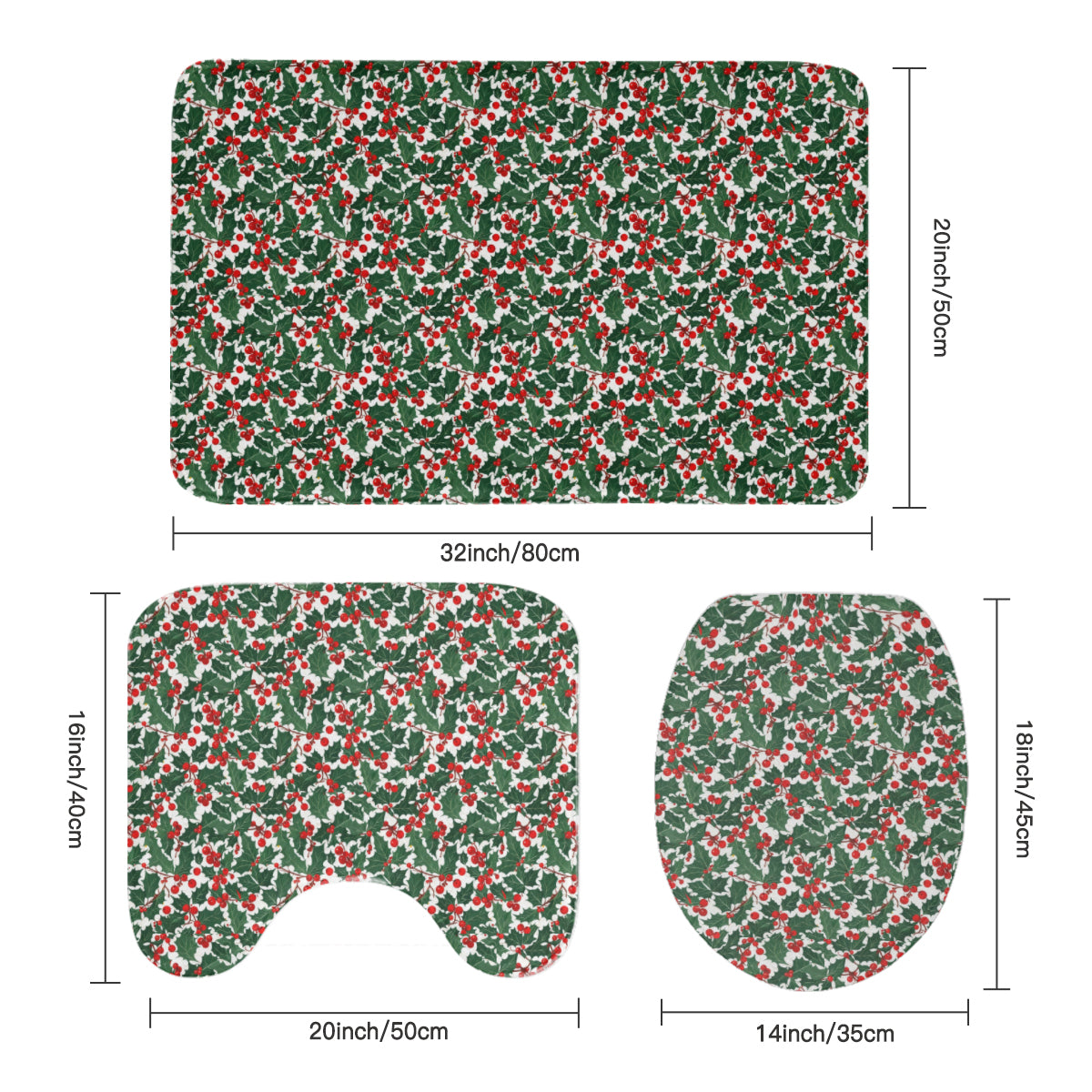 Christmas Holly Bathroom Four-Piece Set(Shower Curtain + Toilet Cover Mat + Toilet Foot Mat + Floor Mat)| Polyester DeRose Seasonal