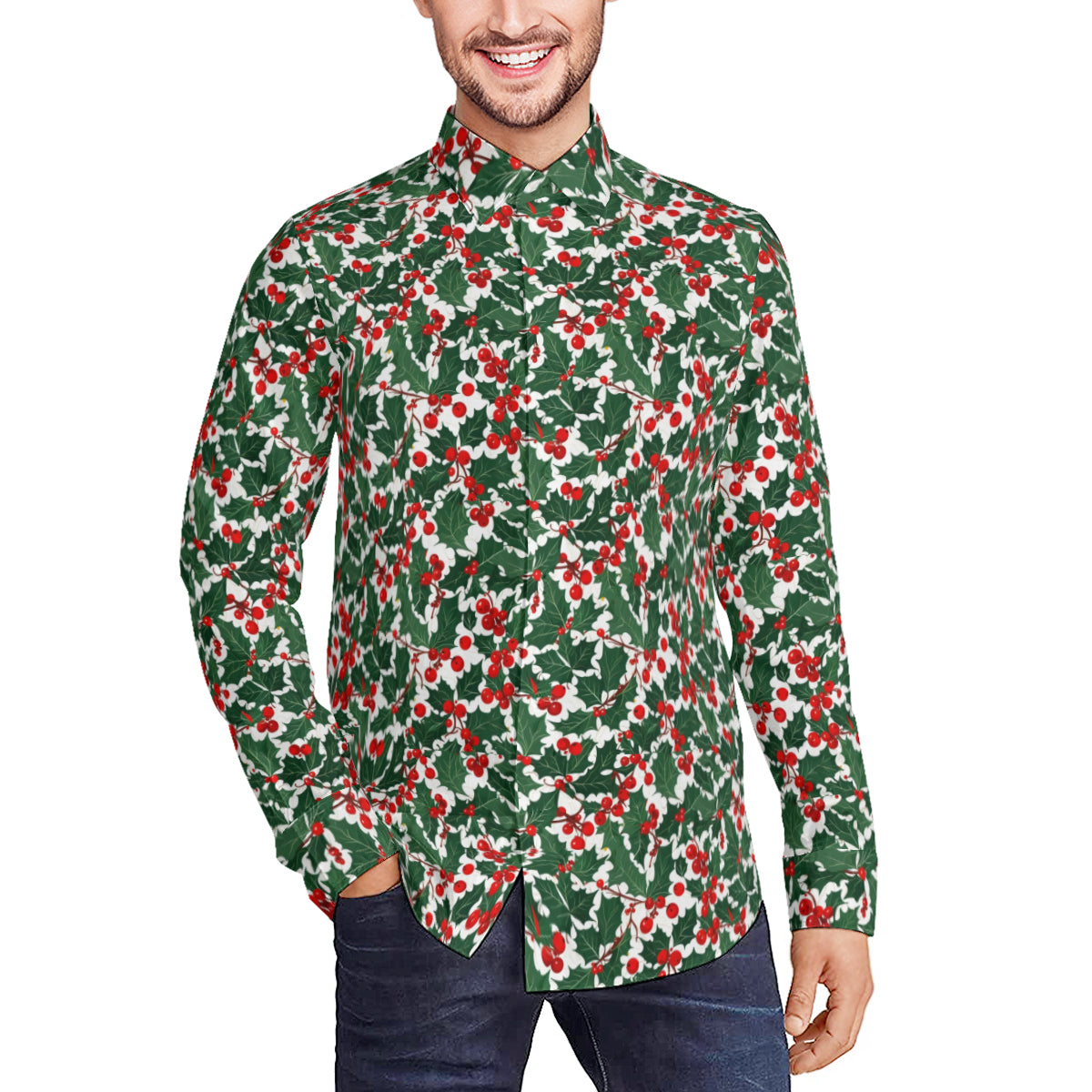 Christmas Holly Men's Classic Long-Sleeved Button up Polyester Dress Shirt DeRose Seasonal