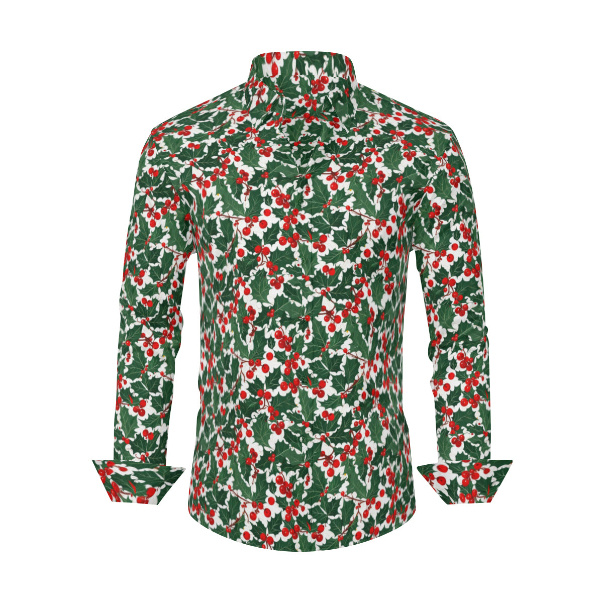 Christmas Holly Men's Classic Long-Sleeved Button up Polyester Dress Shirt DeRose Seasonal