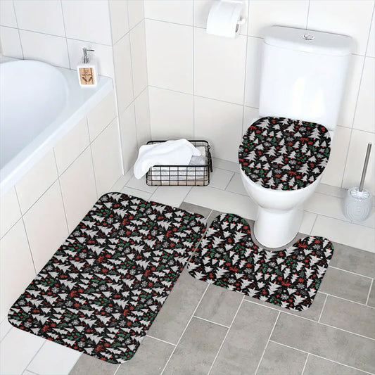 Christmas Tree Bathroom Four-Piece Set(Shower Curtain + Toilet Cover Mat + Toilet Foot Mat + Floor Mat)| Polyester DeRose Seasonal