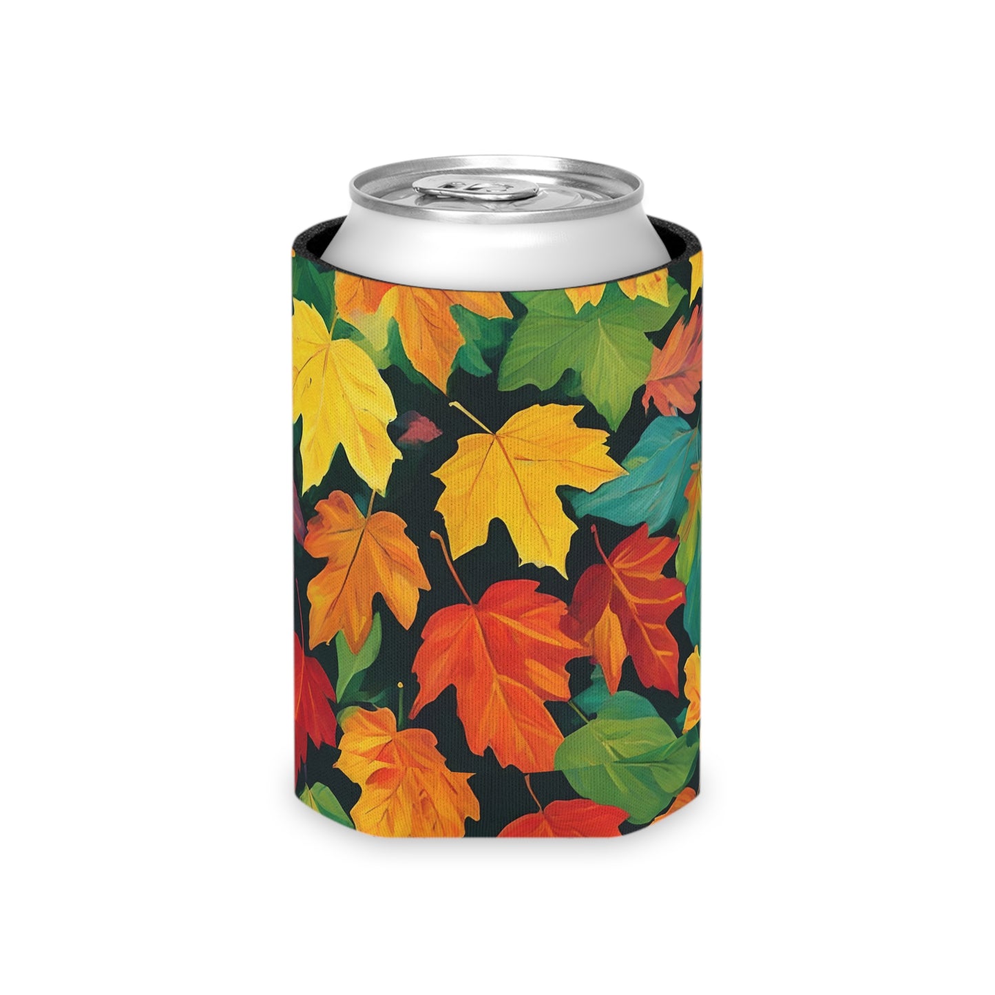 colorful autumn leaves can koozie