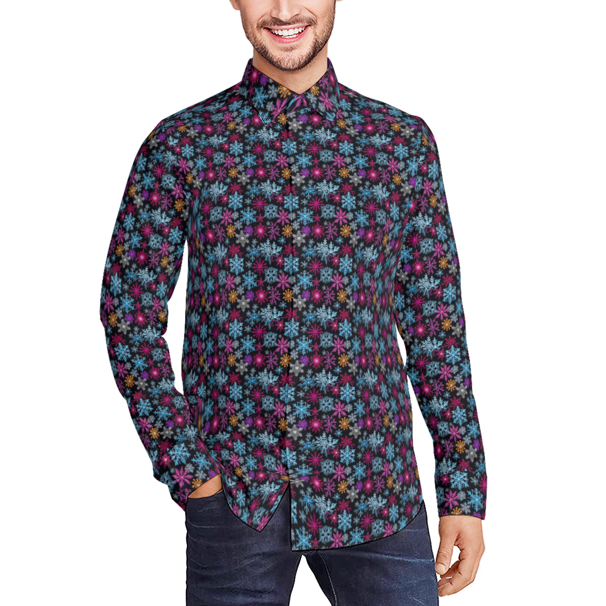 Colorful Party Snowflake Men's Classic Long-Sleeved Button up Polyester Dress Shirt DeRose Seasonal