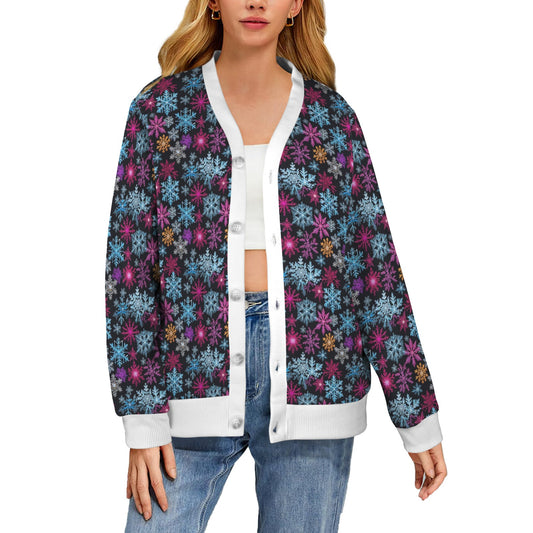 Colorful Party Snowflakes Women's Cardigan Button Sweater Custom Women's Cardigan (Model H73) DeRose Seasonal