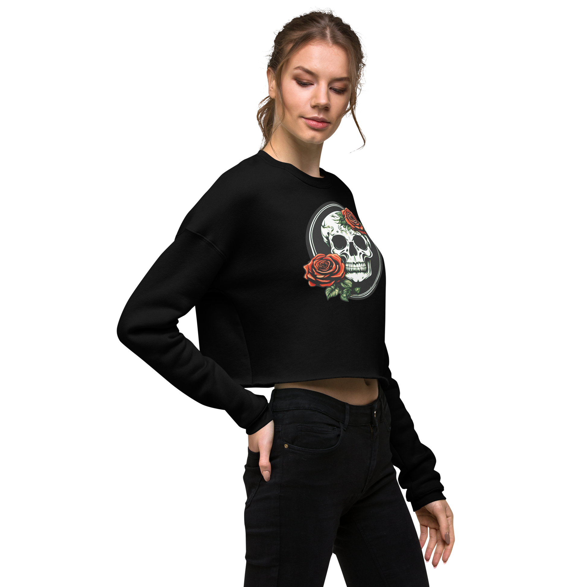 Woman in crop top facing side