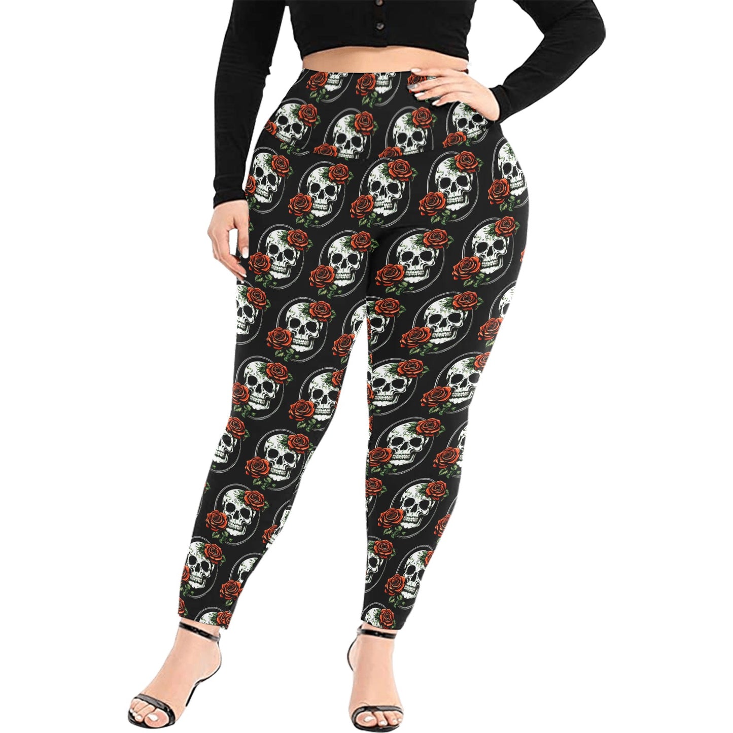 DeathDrip Skull and Rose Women's Plus Size High Waited Leggings Women's High Waist Leggings(Plus Size)(ModelL45) DeRose Seasonal