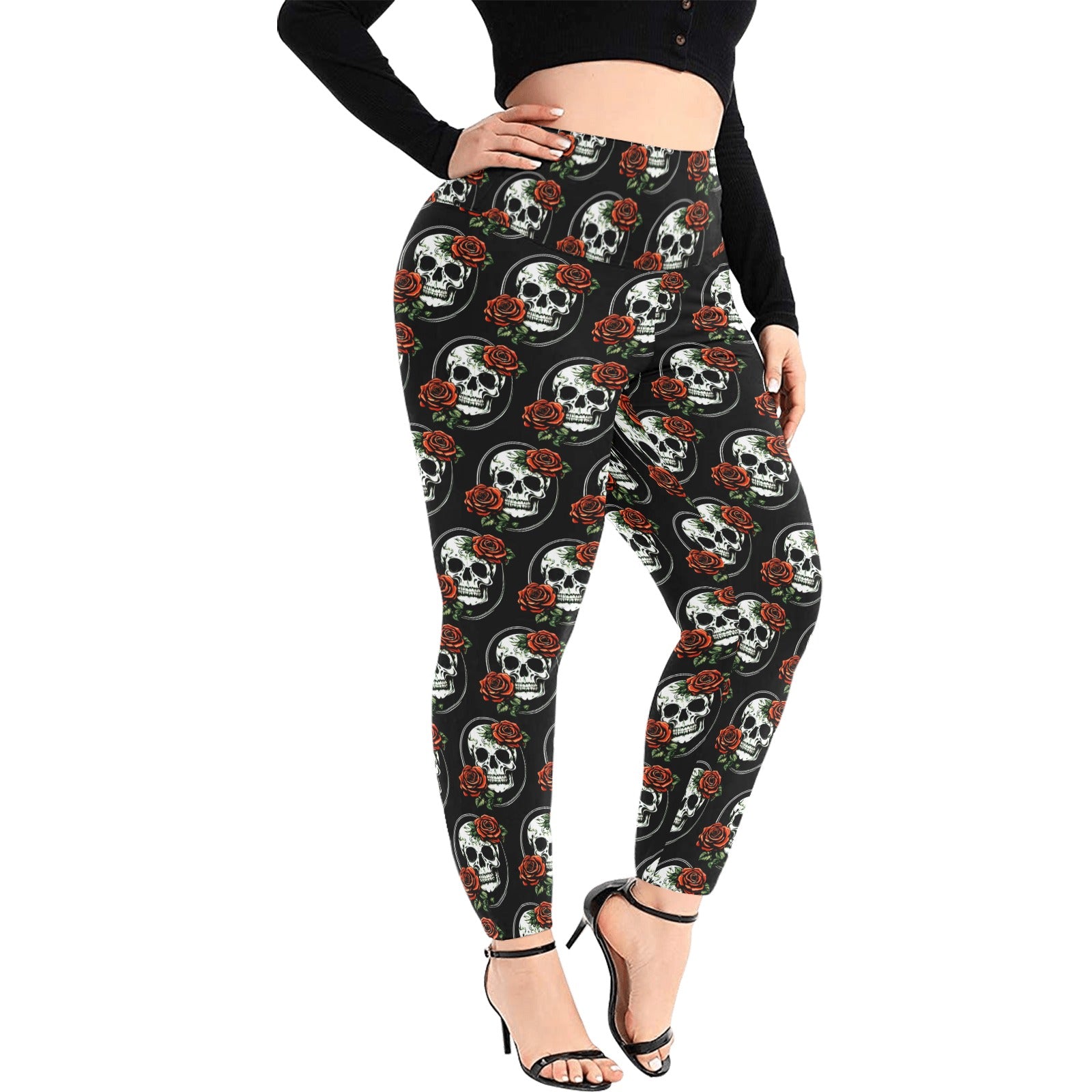 DeathDrip Skull and Rose Women's Plus Size High Waited Leggings Women's High Waist Leggings(Plus Size)(ModelL45) DeRose Seasonal