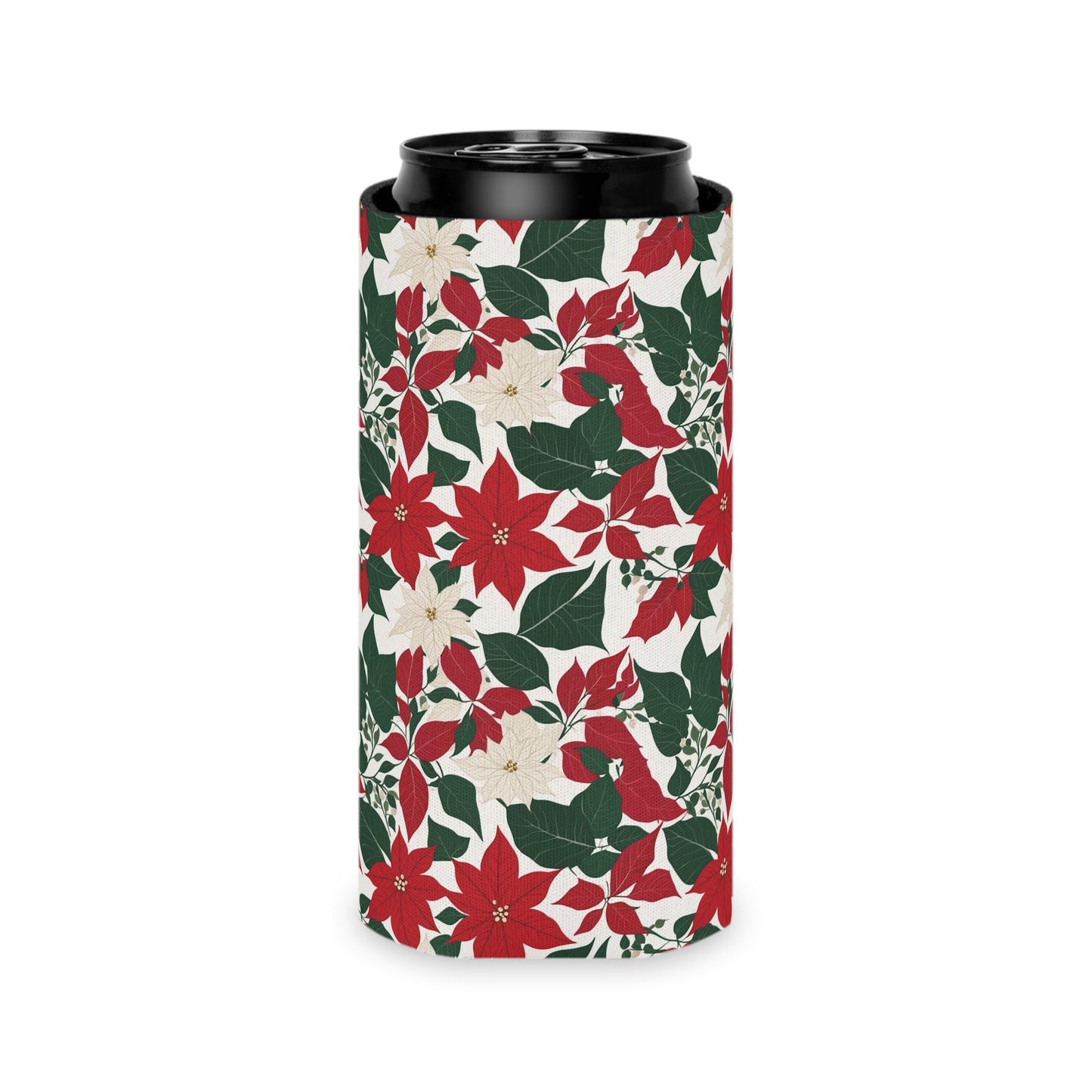 slim can poinsettia koozie