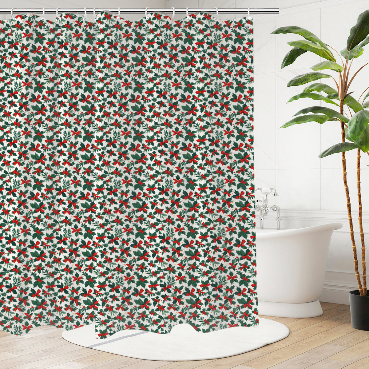 Holly Bow Bathroom Four-Piece Set(Shower Curtain + Toilet Cover Mat + Toilet Foot Mat + Floor Mat)| Polyester DeRose Seasonal