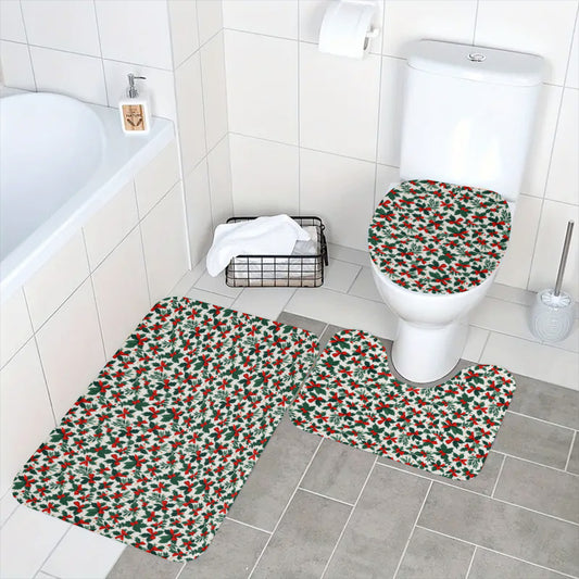 Holly Bow Bathroom Four-Piece Set(Shower Curtain + Toilet Cover Mat + Toilet Foot Mat + Floor Mat)| Polyester DeRose Seasonal