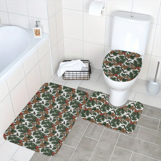 Holly Pine Bathroom Four-Piece Set(Shower Curtain + Toilet Cover Mat + Toilet Foot Mat + Floor Mat)| Polyester DeRose Seasonal