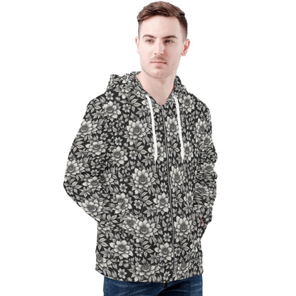 Mens Black and White Bloom Classic Zip Up Hoodie Warm Jacket DeRose Seasonal