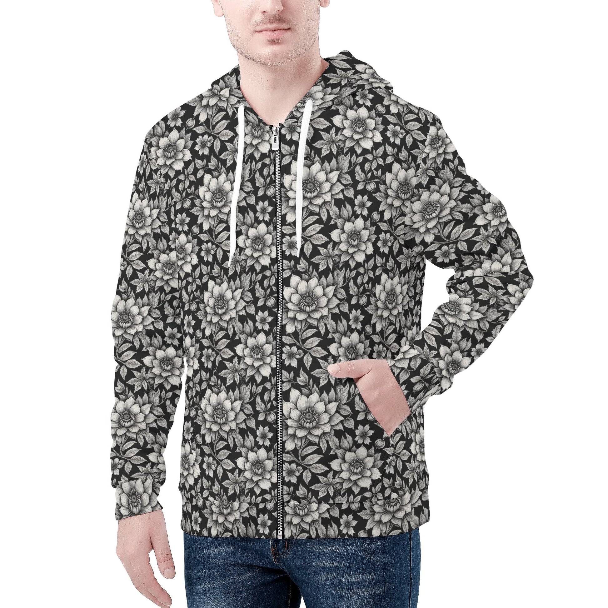 Mens Black and White Bloom Classic Zip Up Hoodie Warm Jacket DeRose Seasonal