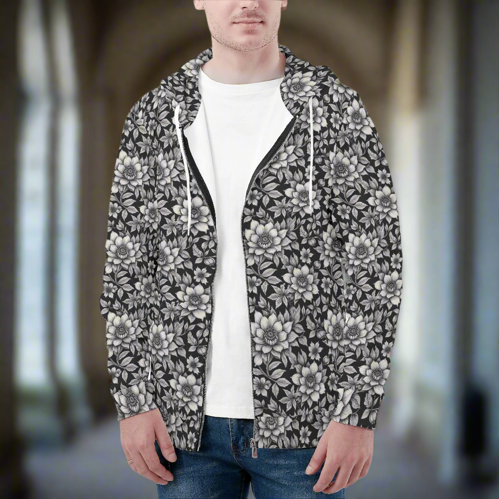 Mens Black and White Bloom Classic Zip Up Hoodie Warm Jacket DeRose Seasonal