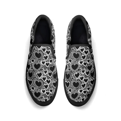 Mens Black and White Groovy Hearts Rubber Slip On Shoes DeRose Seasonal