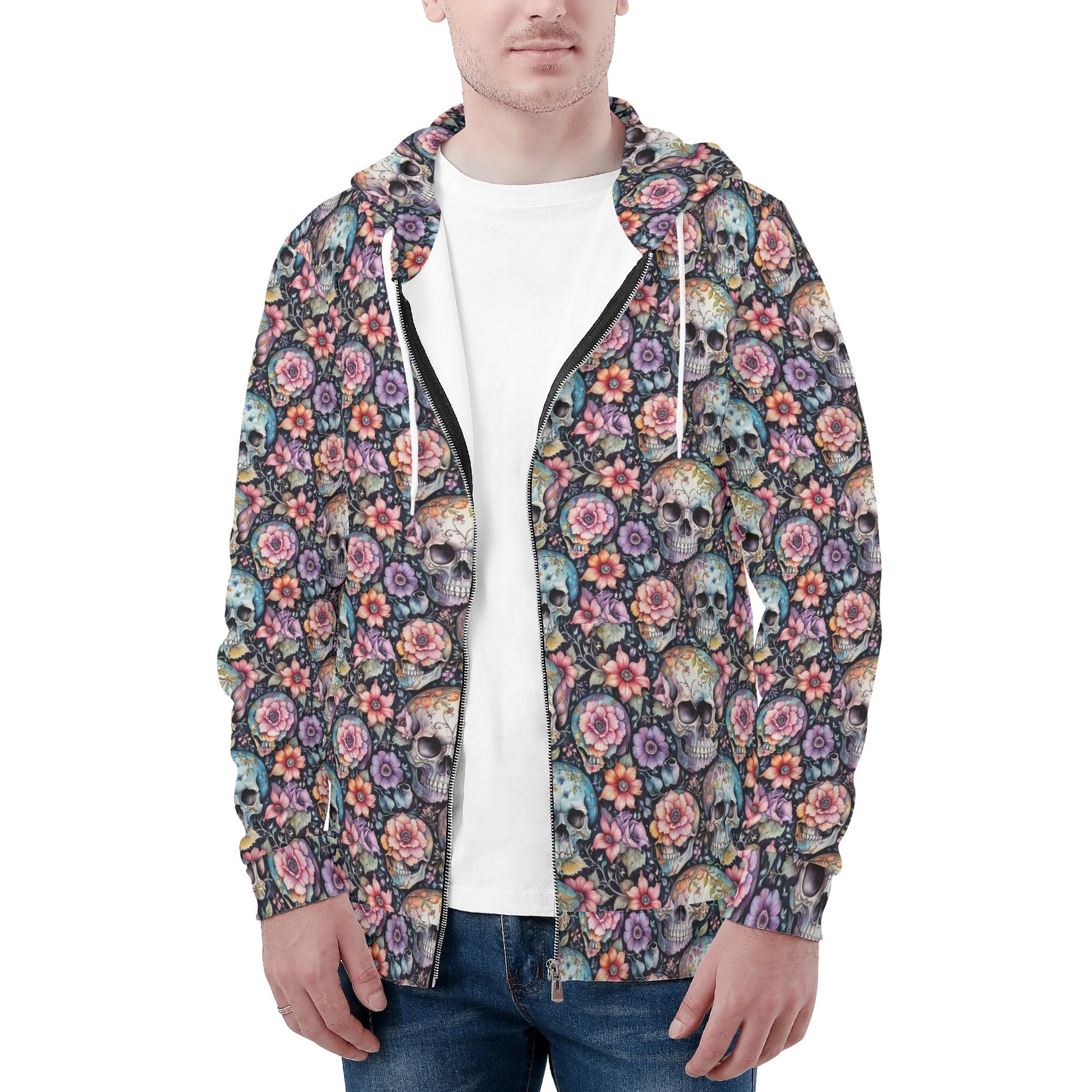 Mens Pastel Floral and Skulls Classic Zip Up Hoodie Warm Jacket DeRose Seasonal