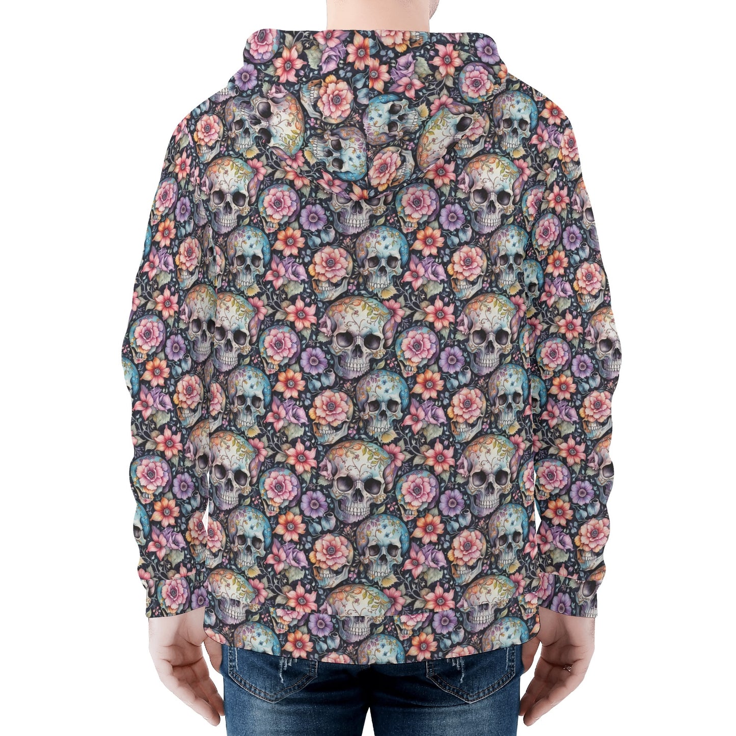 Mens Pastel Floral and Skulls Classic Zip Up Hoodie Warm Jacket DeRose Seasonal