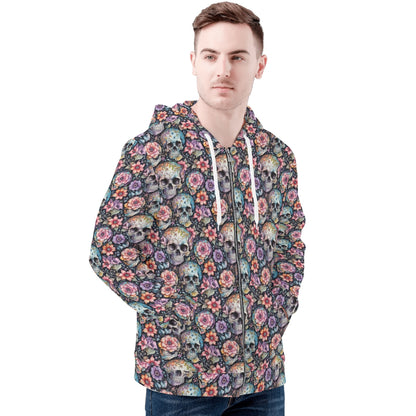 Mens Pastel Floral and Skulls Classic Zip Up Hoodie Warm Jacket DeRose Seasonal