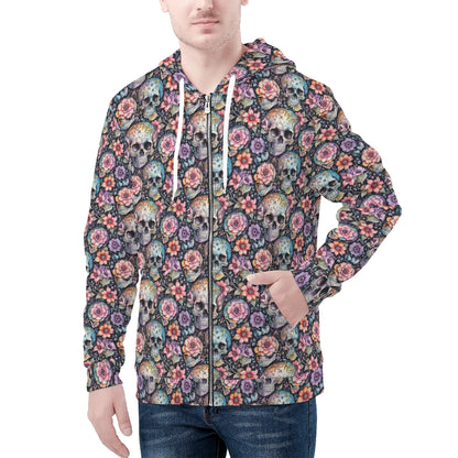 Mens Pastel Floral and Skulls Classic Zip Up Hoodie Warm Jacket DeRose Seasonal