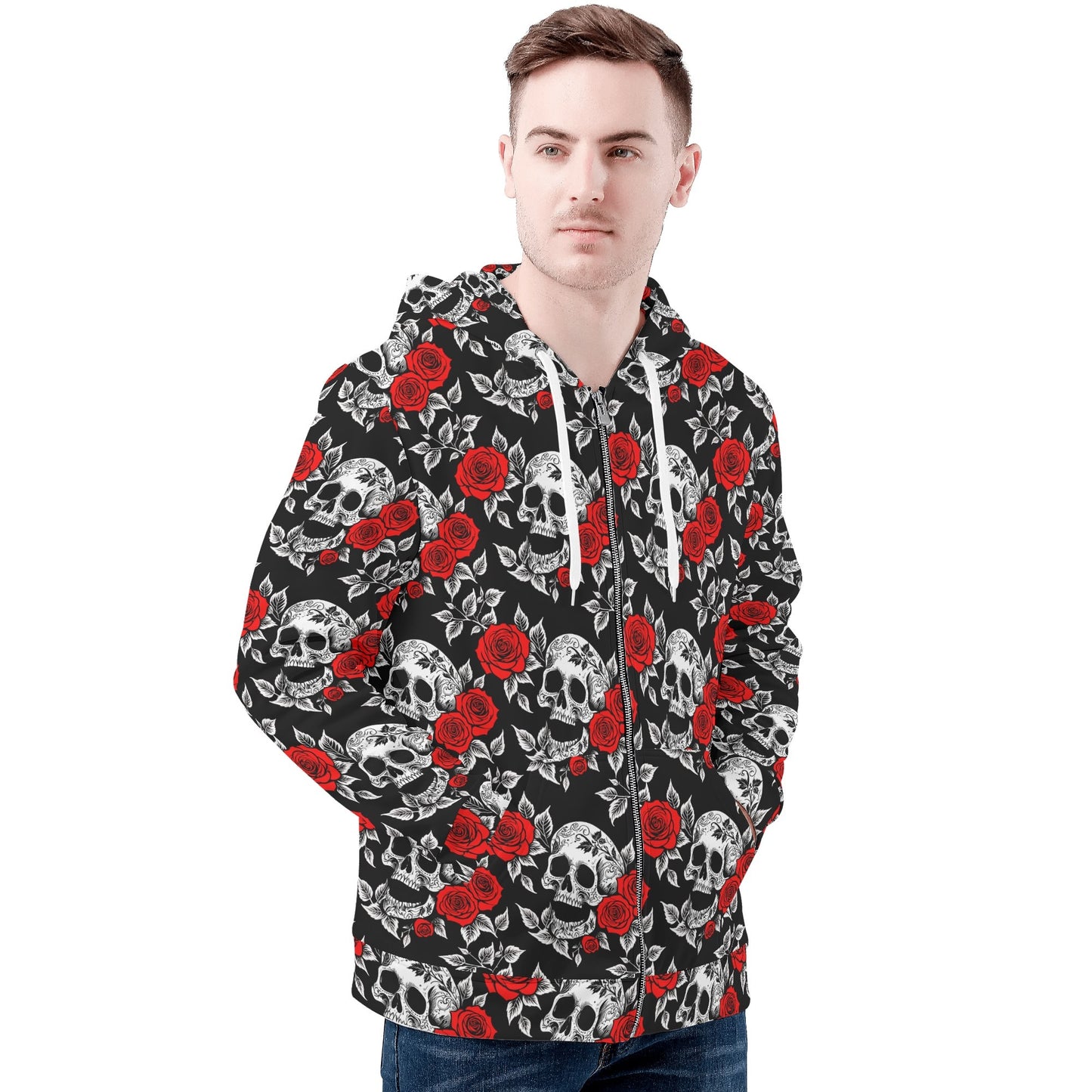 Mens Red Skull Rose Classic Zip Up Hoodie Warm Jacket DeRose Seasonal