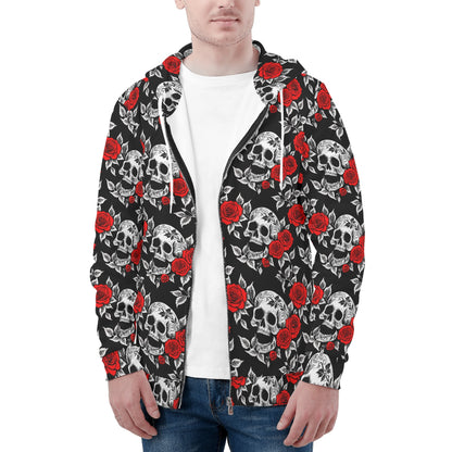 Mens Red Skull Rose Classic Zip Up Hoodie Warm Jacket DeRose Seasonal